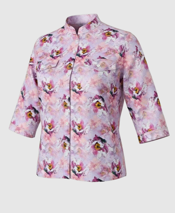 Women pink Floral patterned shirt , three fourth sleeve and mandarin collar.
