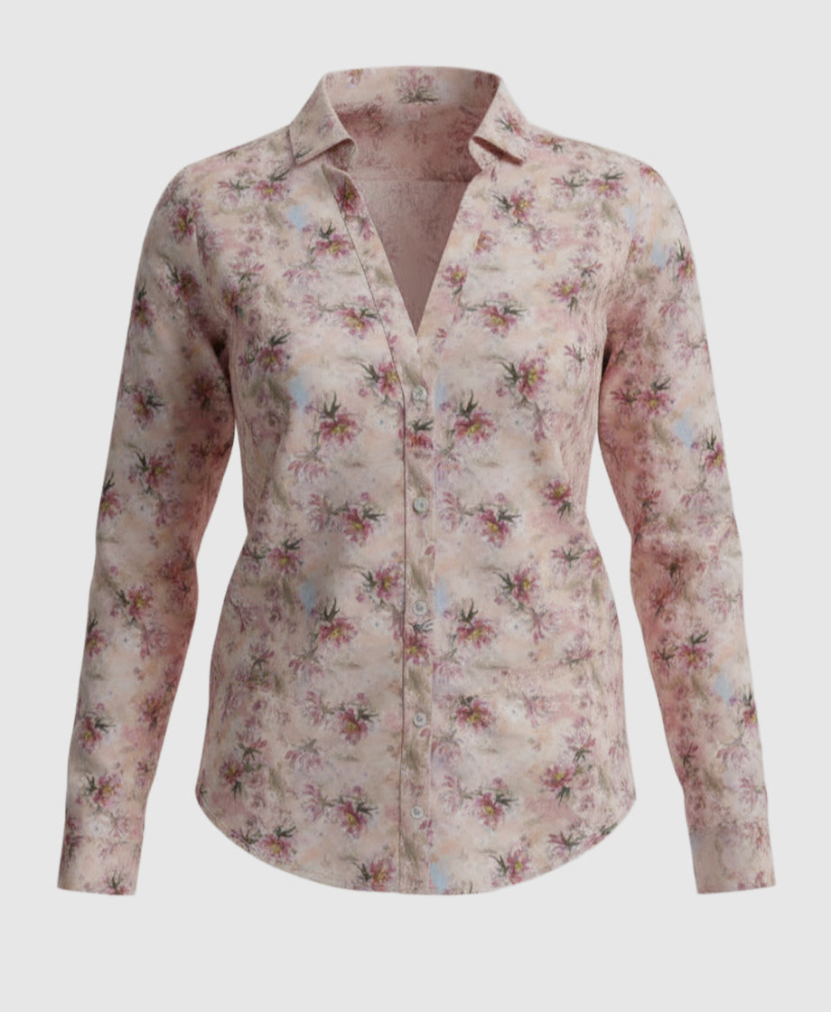 Women red and pink  Floral patterned shirt  with V neck and full sleeves.
