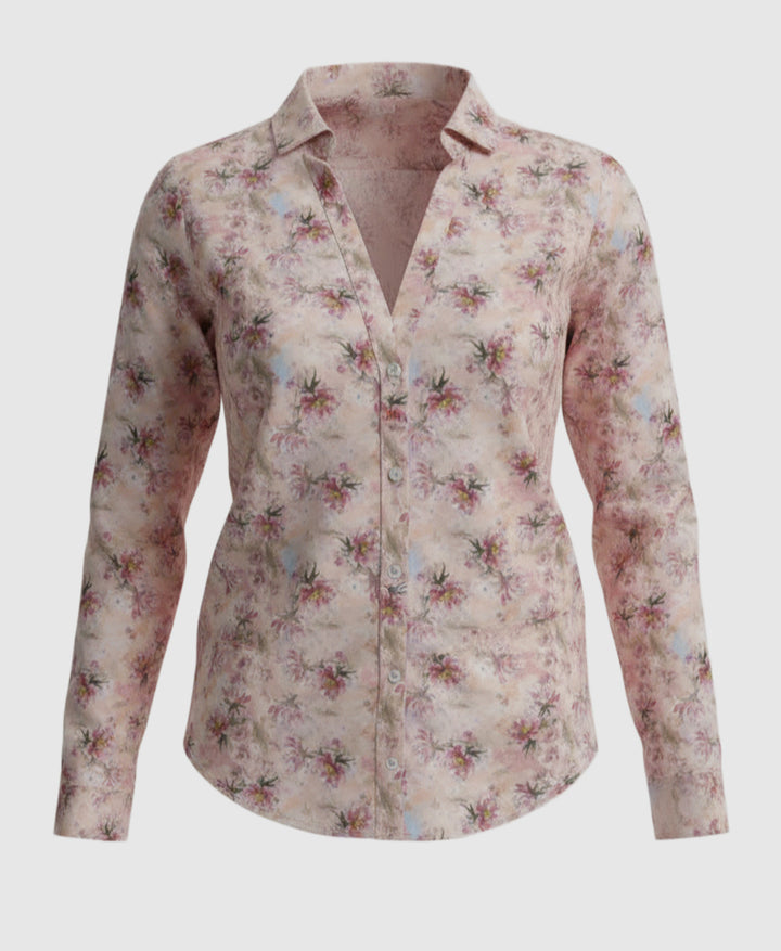 Women red and pink  Floral patterned shirt  with V neck and full sleeves.