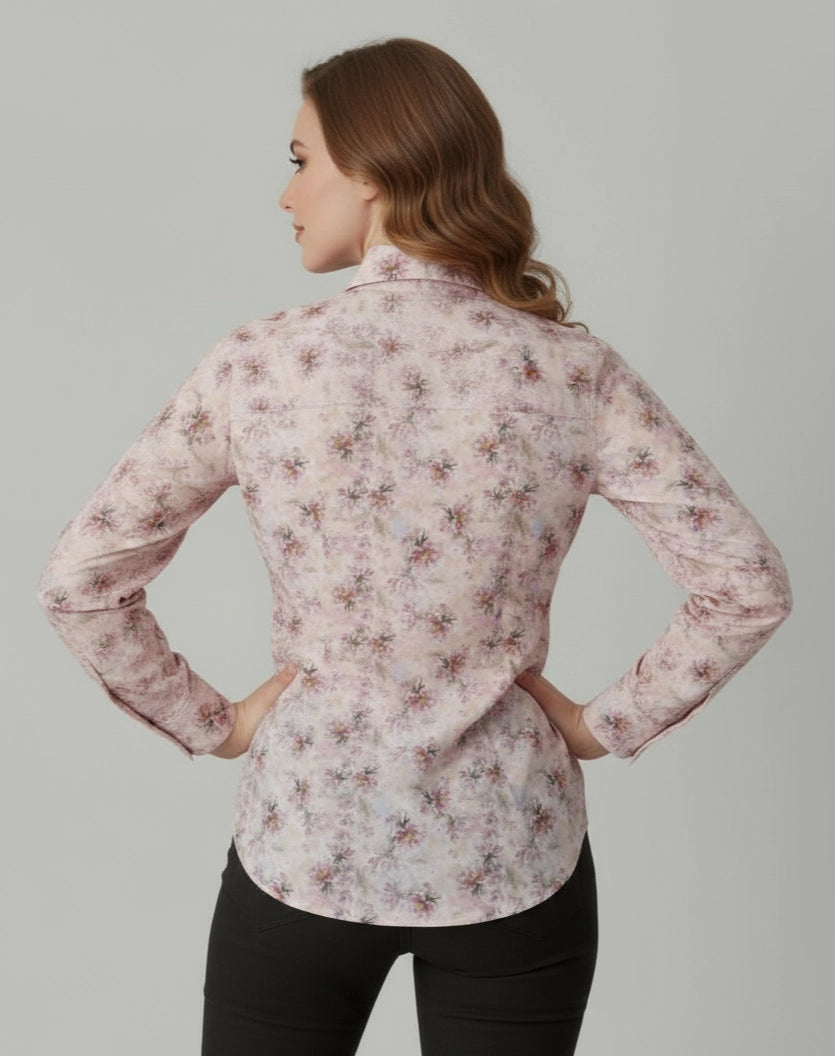 Woman wearing  red and pink  Floral patterned women shirt  with V neck and full sleeves.
