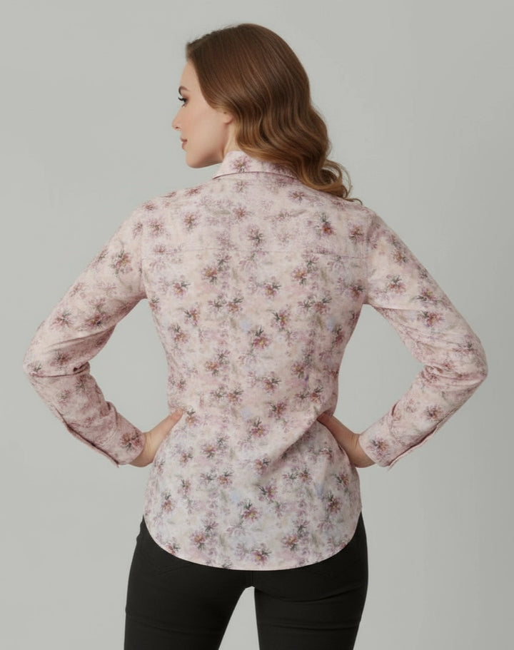 Woman wearing  red and pink  Floral patterned women shirt  with V neck and full sleeves.