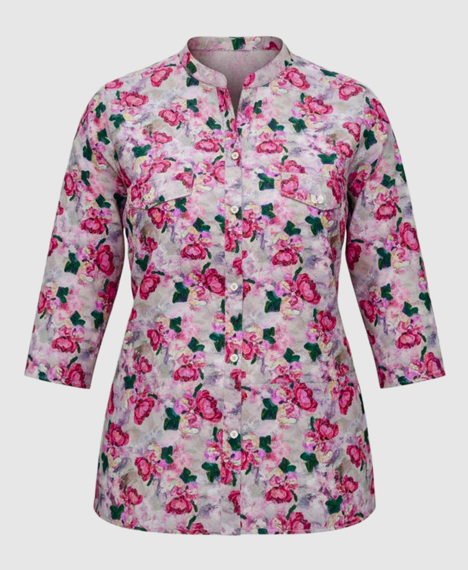 Floral patterned shirt for women, three fourth sleeve, mandarin collar
