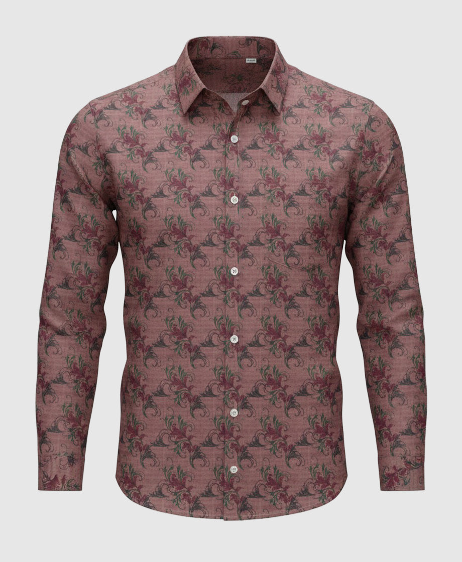 Reddish-brown rust color floral  patterned men shirt , full sleeves.