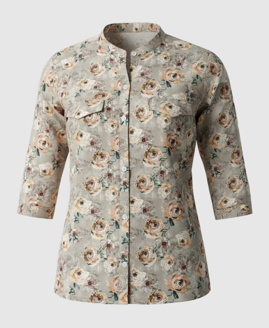 Light grey and beige floral pattern women shirt, mandarin collar, three fourth sleeves.