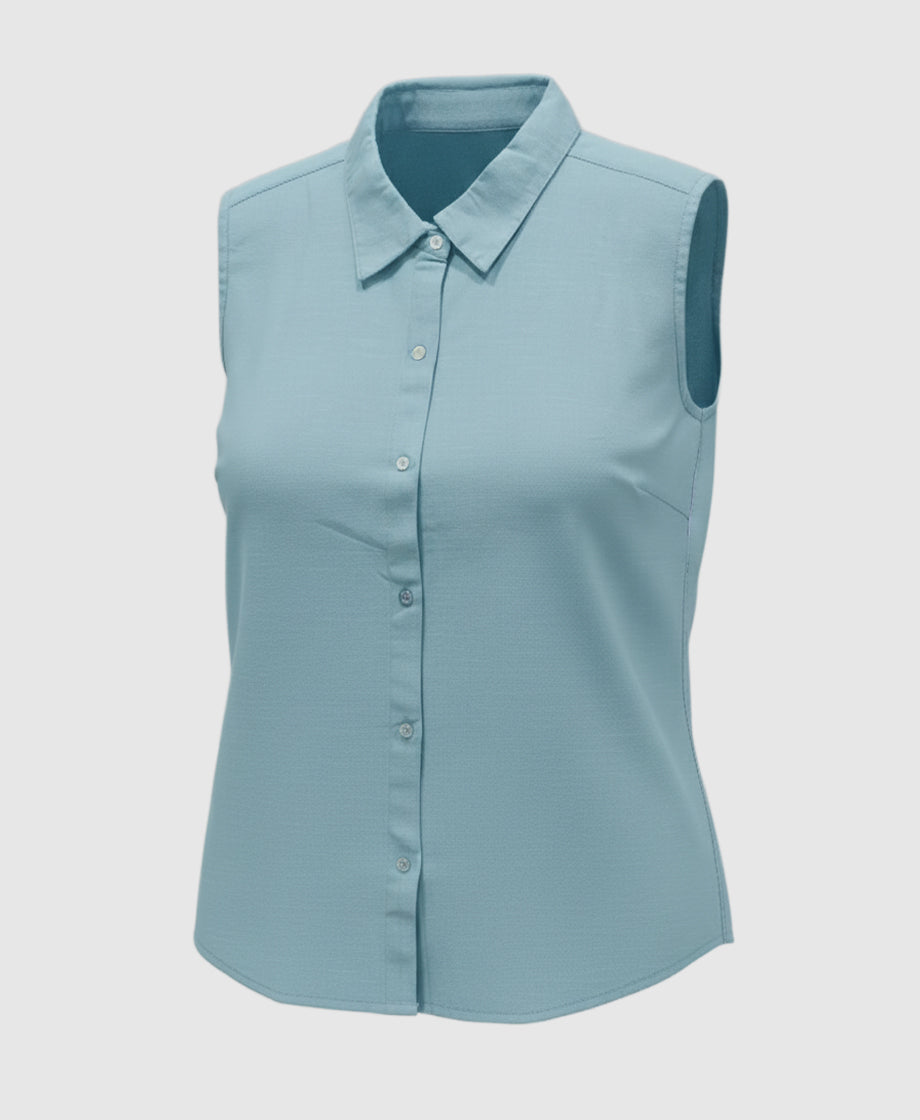Light blue sleeveless shirt for women. spread regular collar.