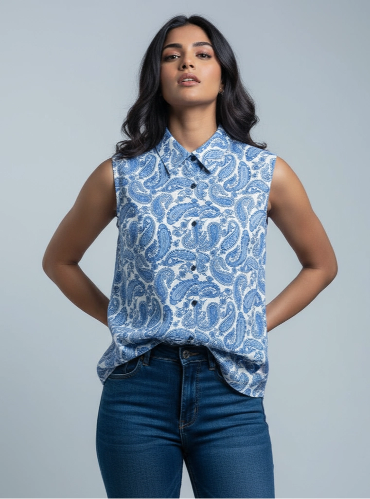 Blue and white  paisley patterned sleeveless women shirt