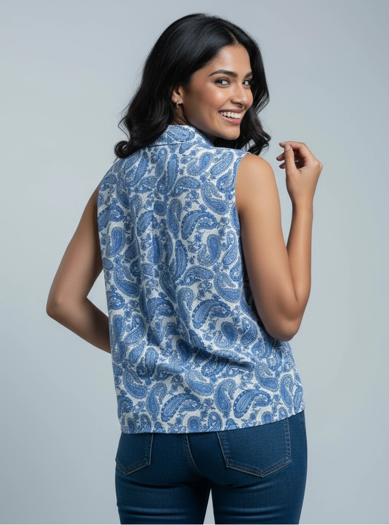 Blue and white  paisley patterned sleeveless women shirt