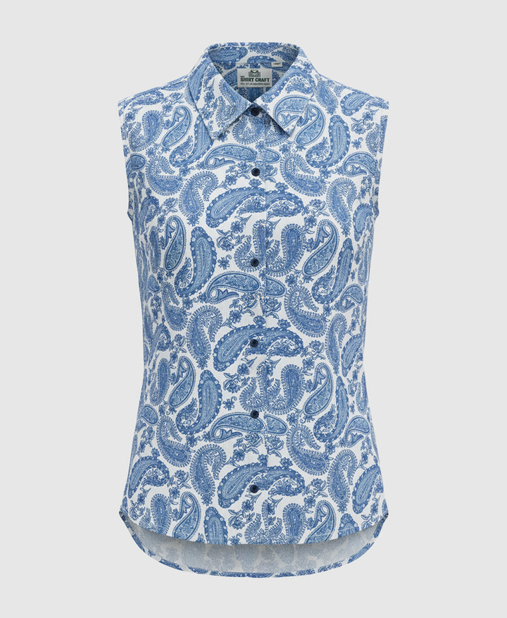 Blue and white  paisley patterned sleeveless women shirt