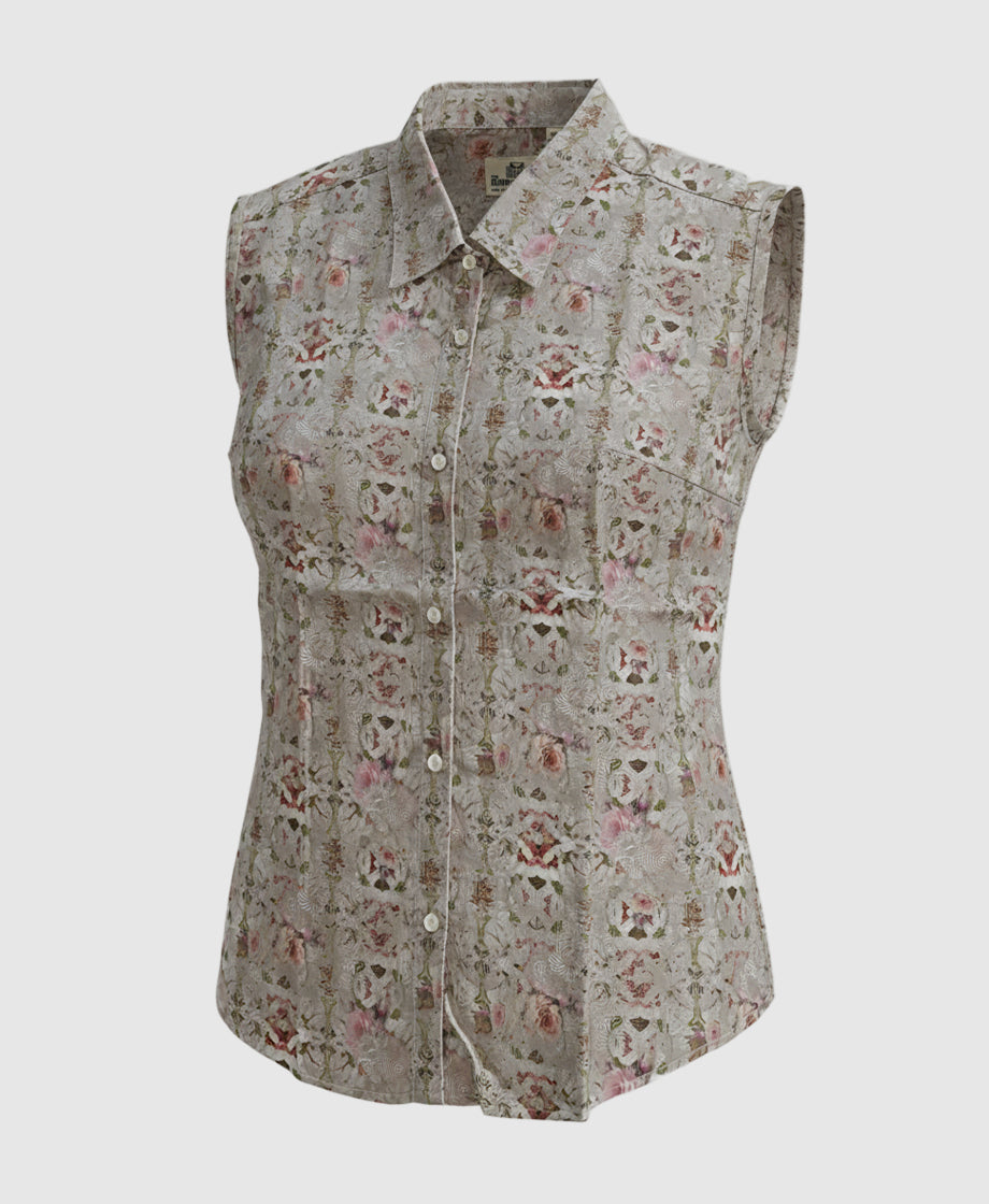 Floral pink and beige patterned sleeveless women shirt 