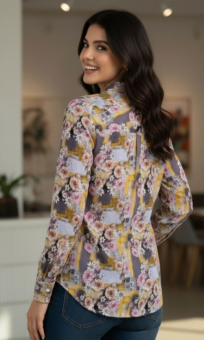 women wearing women shirt , brown and yellow floral patter, v neck, full sleeves.
